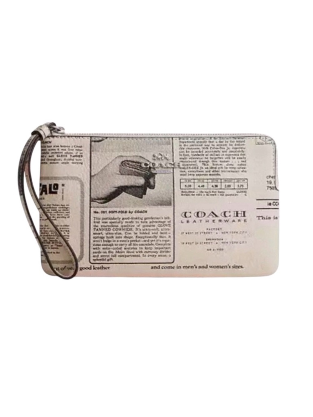 COACH LARGE CORNER ZIP WRISTLET WITH NEWSPAPER PRINT